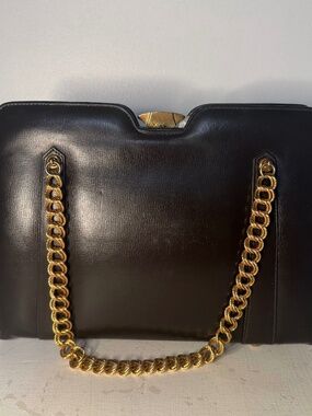 Vintage I. Magnin Dark Brown Large Leather ? Double Gold Chain Top Handle Purse